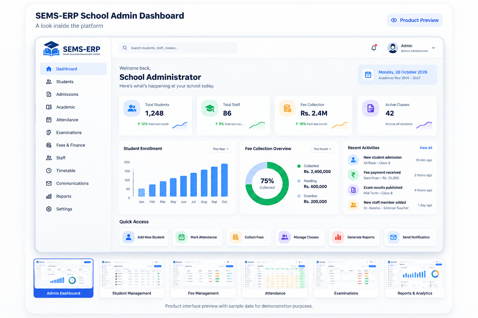 Illustrative SEMS-ERP school administration dashboard with sample data
